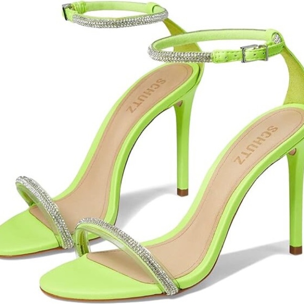 SCHUTZ Neon Green Sandals with Rhinestone Straps